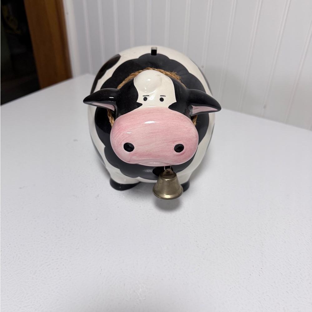 Ceramic Cow Money Bank with Bell - Black & White, Pink Snout